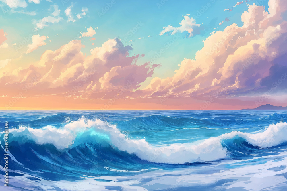 Fototapeta premium An enchanting ocean scene with vibrant blue waves gently rolling towards the shore, highlighted by white, foamy crests. 