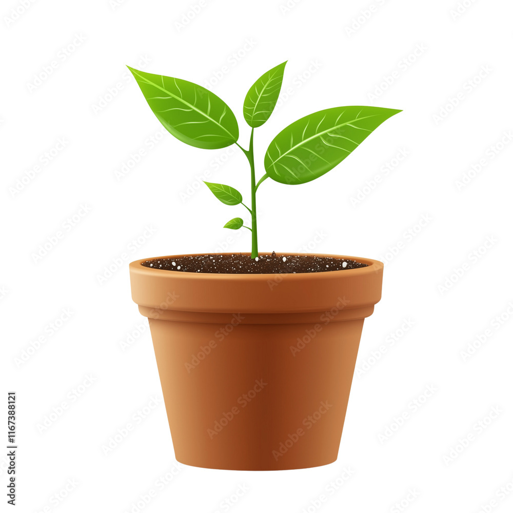 Small clay pot with seedlings, vector art, isolated on white Small clay pot with seedlings, vector art, isolated on white