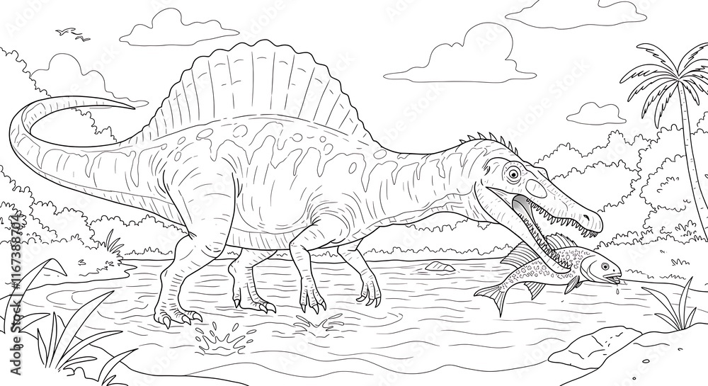 Fototapeta premium Prehistoric spinosaurus illustration. Extinct dinosaur coloring page. Nature animal hunting fish.