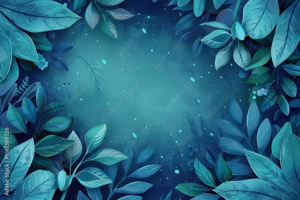 Fototapeta premium Abstract Teal Leaf Frame with Glowing Spots