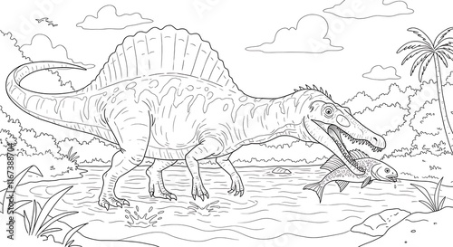 Fototapeta Naklejka Na Ścianę i Meble -  Prehistoric spinosaurus illustration.  Extinct dinosaur coloring page.  Nature animal hunting fish.
