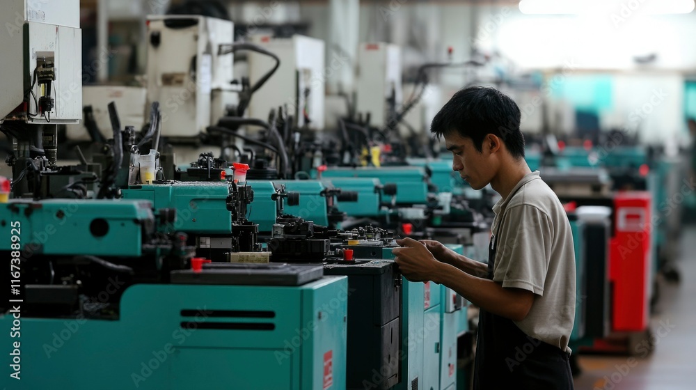 Factory Worker Operating Industrial Textile Machinery Factory Worker Operating Industrial Textile Machinery