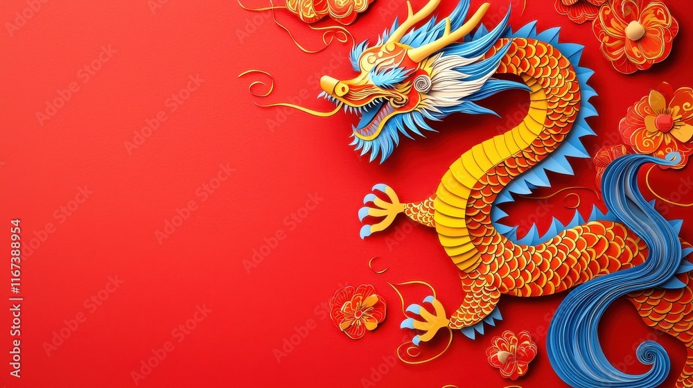 Obraz premium Vibrant dragon illustration on a red background with floral accents. Chinese New Year concept