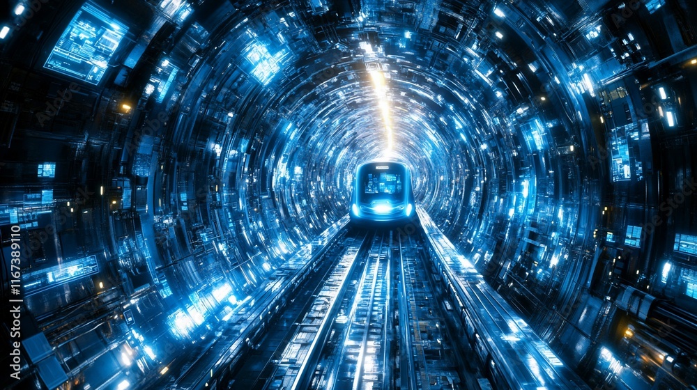 Futuristic high-speed train entering a glowing blue tunnel. Futuristic high-speed train entering a glowing blue tunnel.