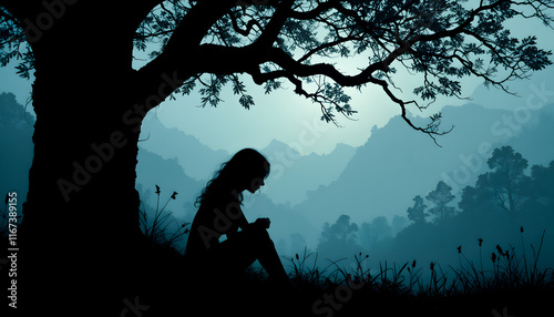 mental health concept, silhouette of a woman sitting against an old tree crying. feeling alone, dark picture with sad vibes, illustration photo