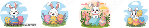 Set of funny and super cute easter bunny eggs and floral with happy smile vector art