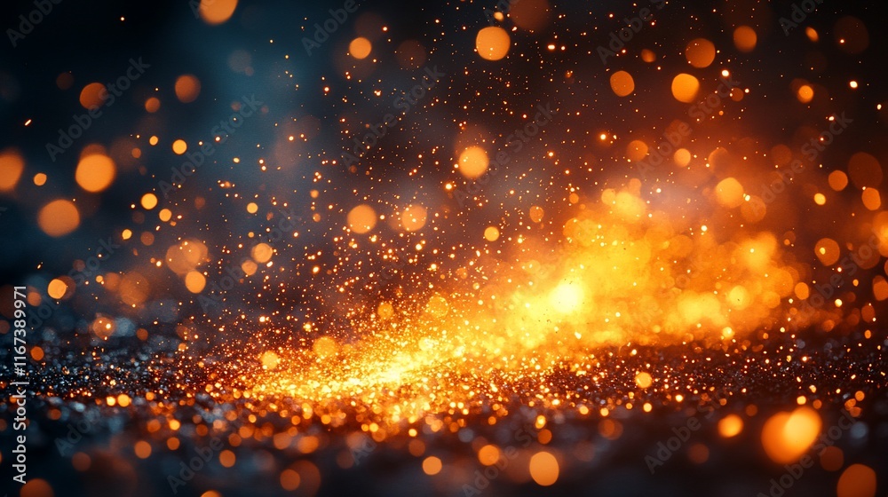 Fototapeta premium Glowing orange sparks and bokeh lights abstract background