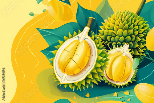 Hand-Drawn Illustration of Durian Fruit with Spikes and Leaves, Exotic Tropical Fruit Design on Beige Background