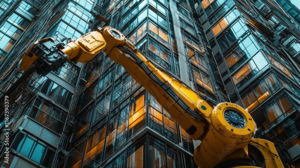 Fototapeta premium Robot arm by skyscraper at dusk, potential construction use.