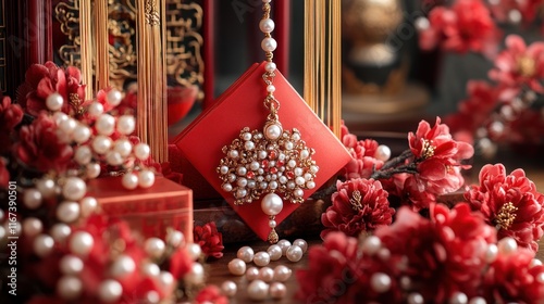 Pearl jewelry gift box, red flowers, Asian decor, festive background, wedding photo