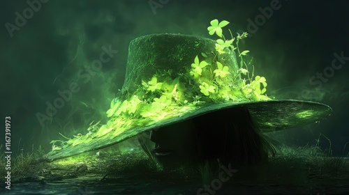 A symbolic rendering of a plant-inspired hat glowing with green tones