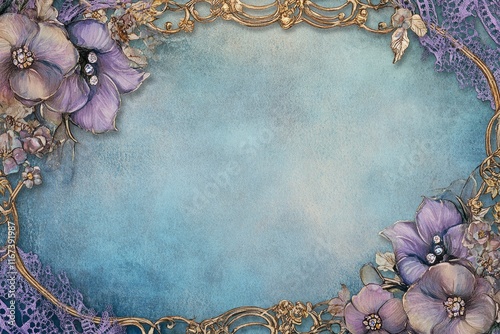 Shabby chic victorian blue watercolor floral design with diamonds on vintage card