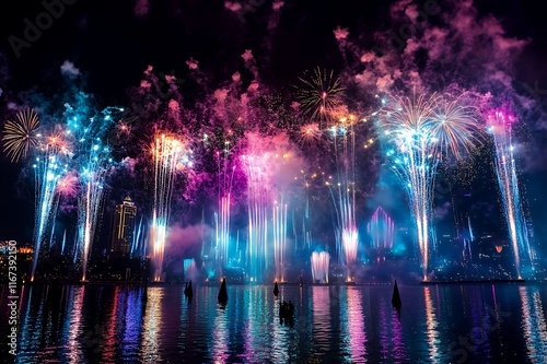 Vibrant Fireworks Display Over Calm Water At Night photo