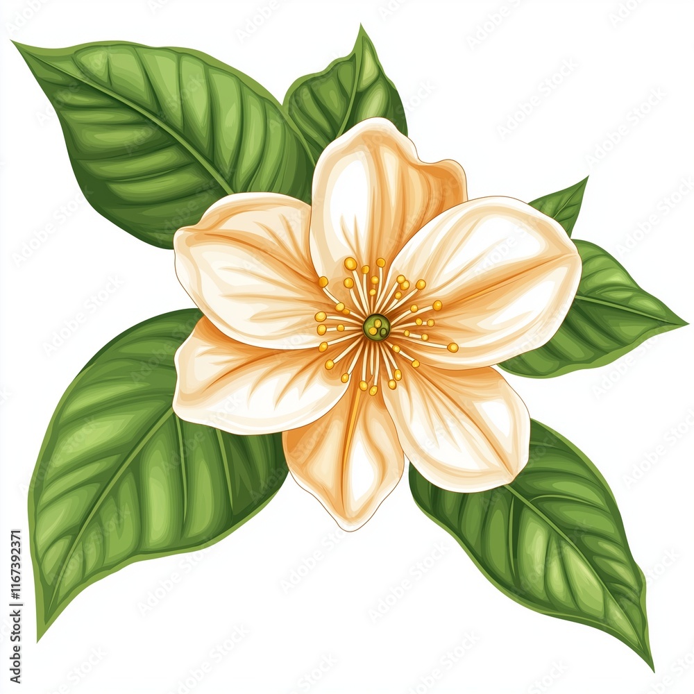 Obraz premium A vector illustration of an orange blossom flower with green leaves, in a clipart style, isolated on a white background.