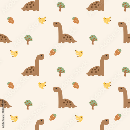 Dinosaur brown cartoon so cute. On banana strawberry tree background. Pattern seamless vector illustration. 