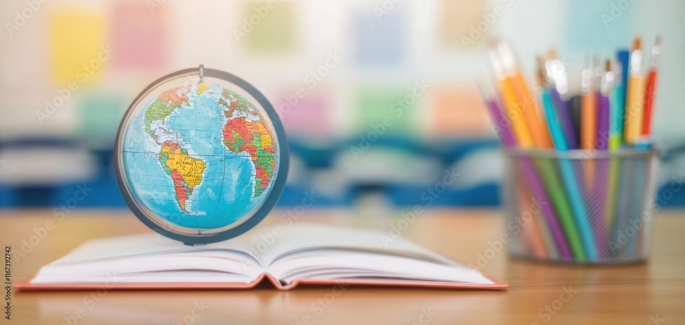 A colorful globe rests on an open book, surrounded by vibrant pencils in a classroom setting, symbolizing learning and exploration of the world. A colorful globe rests on an open book, surrounded by vibrant pencils in a classroom setting, symbolizing learning and exploration of the world.