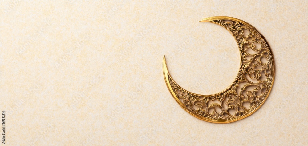 A delicate golden crescent moon adorns a soft, neutral background, exuding elegance and tranquility. festive Ramadan Kareem