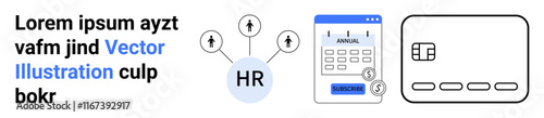 Human Resources connecting various elements and managing annual reviews, budget planning. Calendar tracking financials, credit card icon. Ideal for HR, payroll, budgeting, business operations