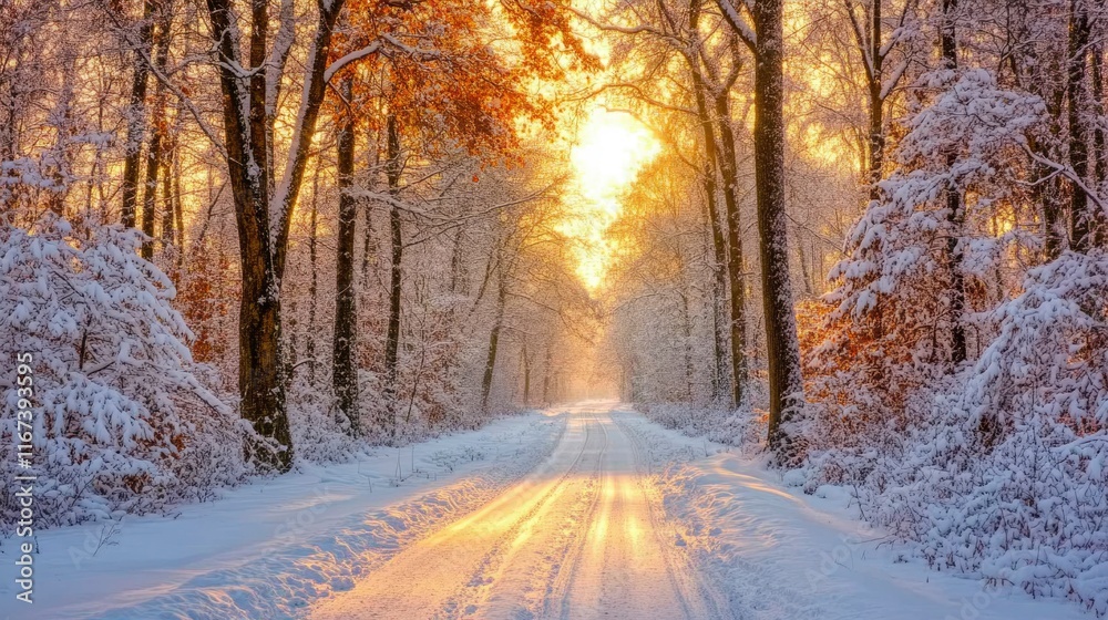 Snow Covered Road Through A Winter Forest At Sunset Snow Covered Road Through A Winter Forest At Sunset
