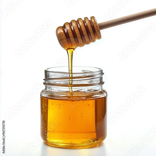 
Honey dripping from the tip of a wooden honey dipper stick into a glass jar, isolated on a white background.