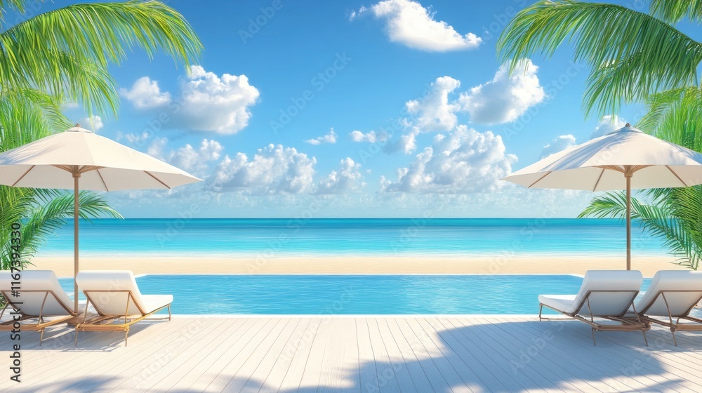 Tranquil Beachfront Paradise: Poolside Relaxation Under Palm Trees Tranquil Beachfront Paradise: Poolside Relaxation Under Palm Trees