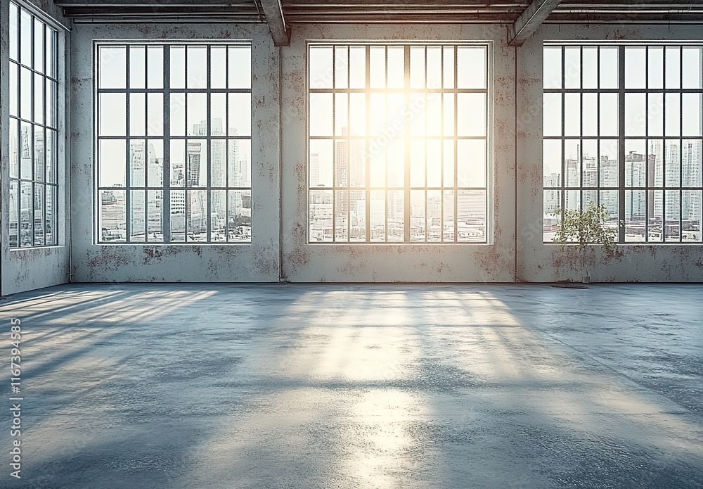 Fototapeta premium An empty, large room with high ceilings and windows in an industrial building. 