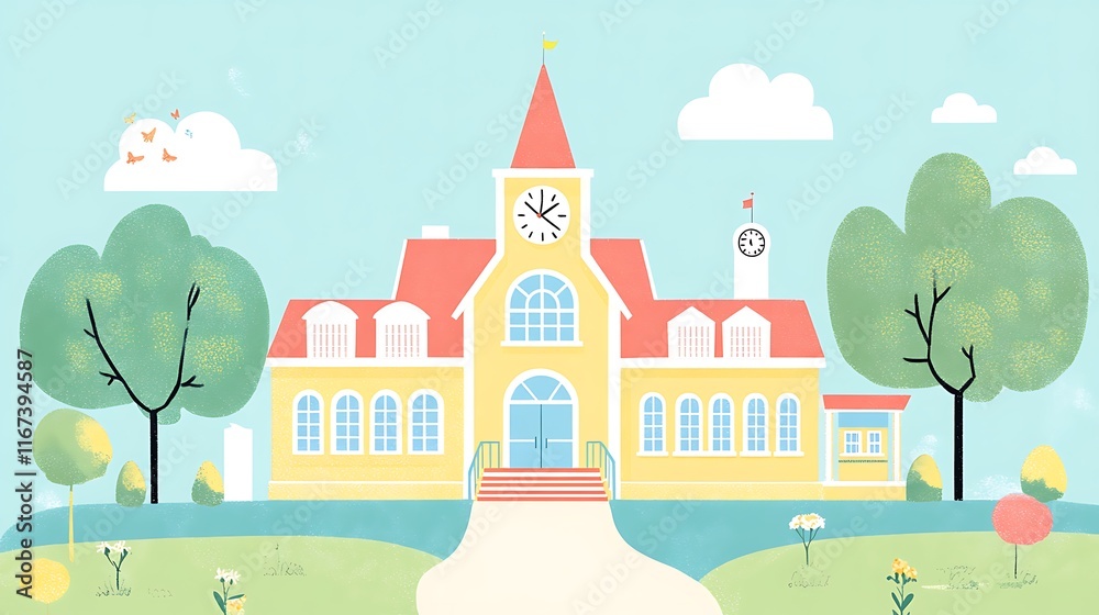 Fototapeta premium A Charming Yellow School Building Surrounded by Colorful Nature