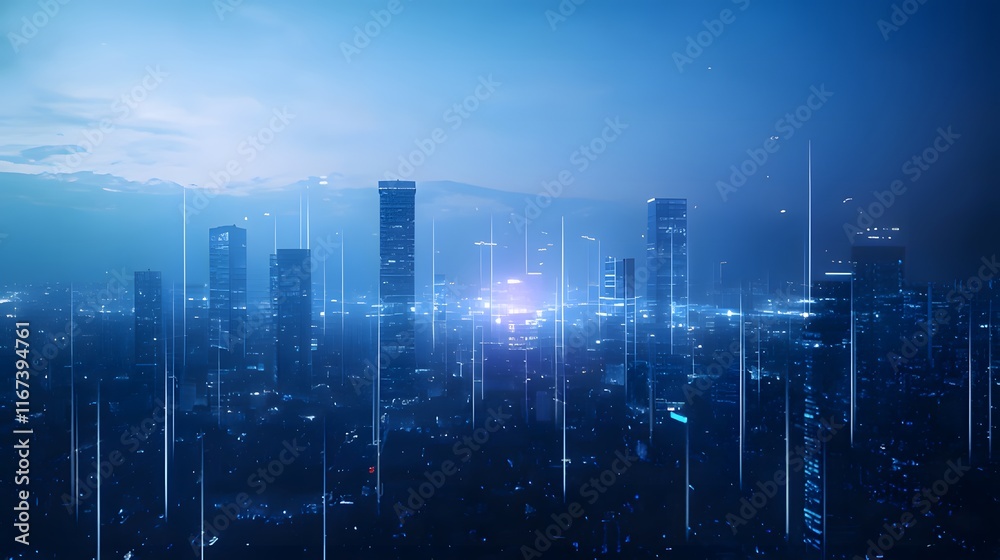 A futuristic cityscape illuminated by blue lights and digital elements, suggesting advanced technology.