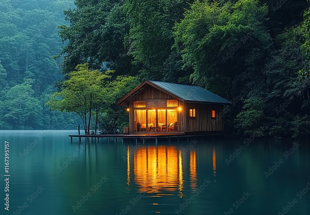 Fototapeta premium A small wooden house on the water, surrounded by lush green trees and reflecting light off the calm waters. 