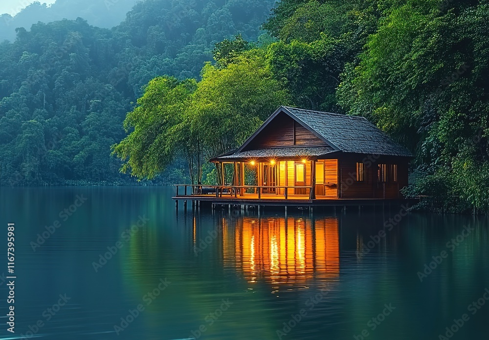 A small wooden house on the water, surrounded by lush green trees and reflecting light off the calm waters. A small wooden house on the water, surrounded by lush green trees and reflecting light off the calm waters.