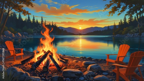 Wallpaper Mural Beautiful forest landscape with a fire on the shore of a lake Torontodigital.ca
