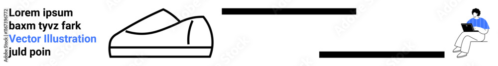 Stylish outlined shoe, abstract text elements, person working on laptop balancing black stripes. Ideal for e-commerce, fashion, modern tech, productivity, minimalism, website banners, contemporary Stylish outlined shoe, abstract text elements, person working on laptop balancing black stripes. Ideal for e-commerce, fashion, modern tech, productivity, minimalism, website banners, contemporary