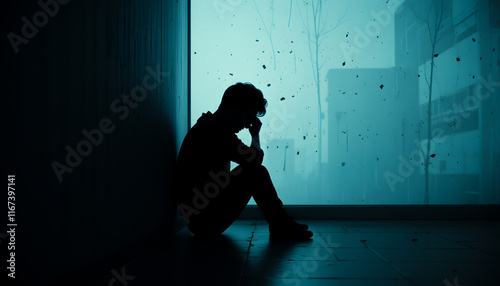 mental health concept, silhouette of a man sitting against the wall crying. feeling alone and helpless, dark picture with sad vibes photo