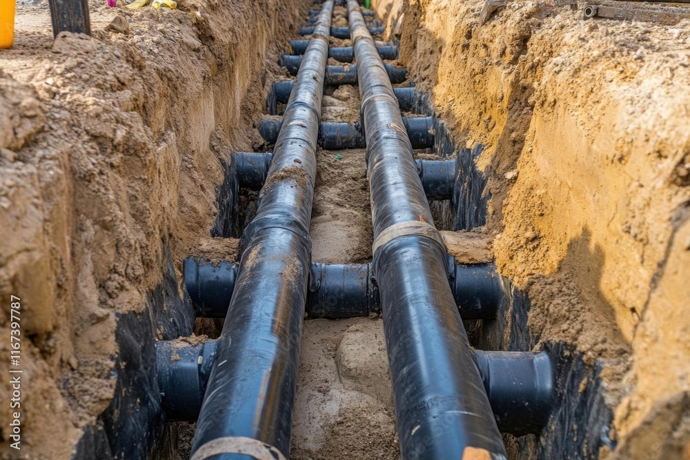 Underground pipes laid in a trench for utility installation. Underground pipes laid in a trench for utility installation.