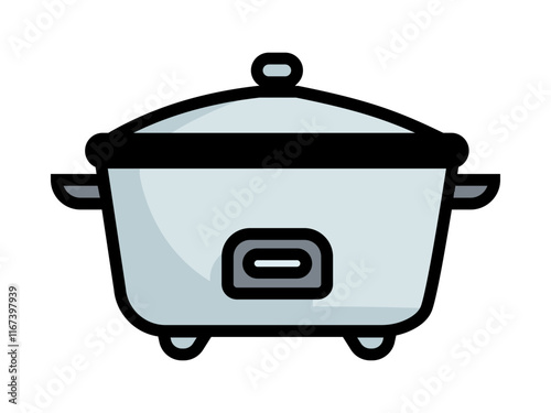 Rice cooker icon. Woman hand pouring rice from measuring cup into Rice cooker isolated. Rice cooker household appliance icon.