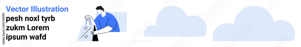 Person holding diagram with text and clouds in blue minimalist style. Ideal for presentations, educational materials, blogs, websites, social media posts, marketing, user interface. Landing page Person holding diagram with text and clouds in blue minimalist style. Ideal for presentations, educational materials, blogs, websites, social media posts, marketing, user interface. Landing page