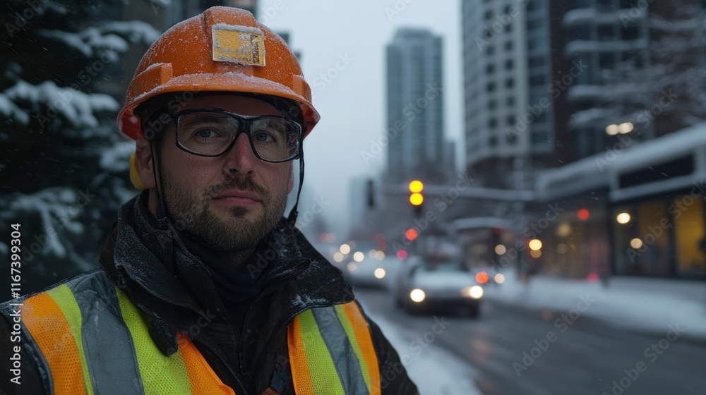 Obraz premium Construction Worker Stands In Snowy City Street
