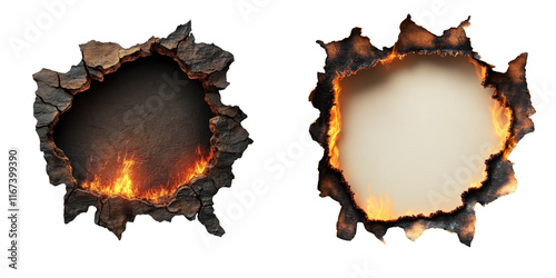 Two jagged holes framed by charred edges, one revealing fiery flames and the other a blank, light-colored space.