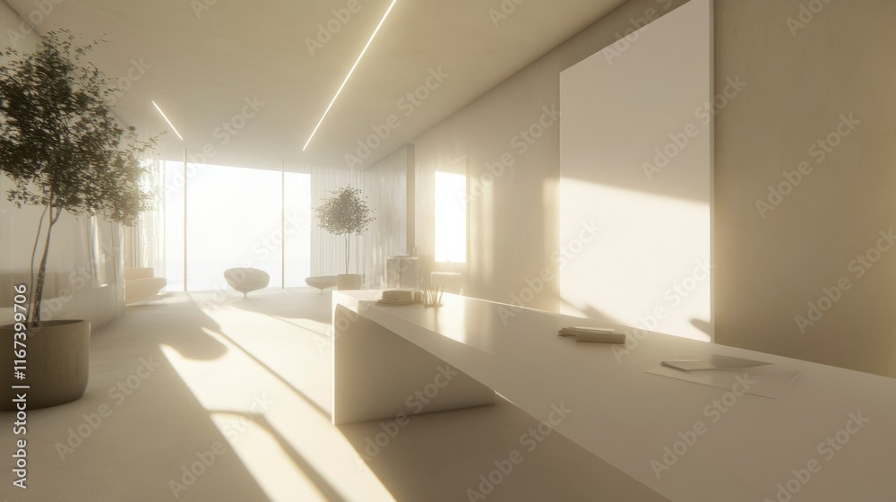 Fototapeta premium Modern Minimalist Office Space With Sunlight And Plants