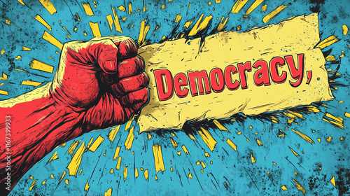 A powerful red fist grips a torn yellow banner displaying the word democracy. The backdrop features explosive blue and yellow colors, symbolizing energy and determination for democratic values. photo