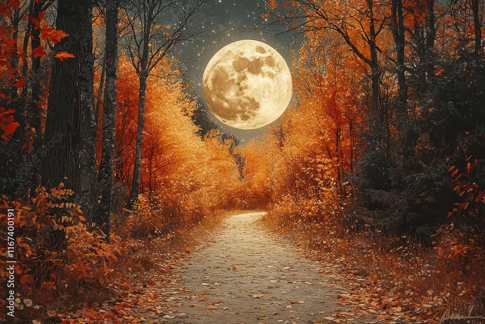 Fototapeta premium moonlit pathway winding through vibrant autumn trees soft illumination filtering through branches creating a tranquil atmosphere with fallen leaves scattered on the ground