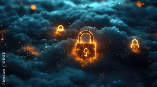 A set of glowing padlocks floating over digital clouds, symbolizing secure storage