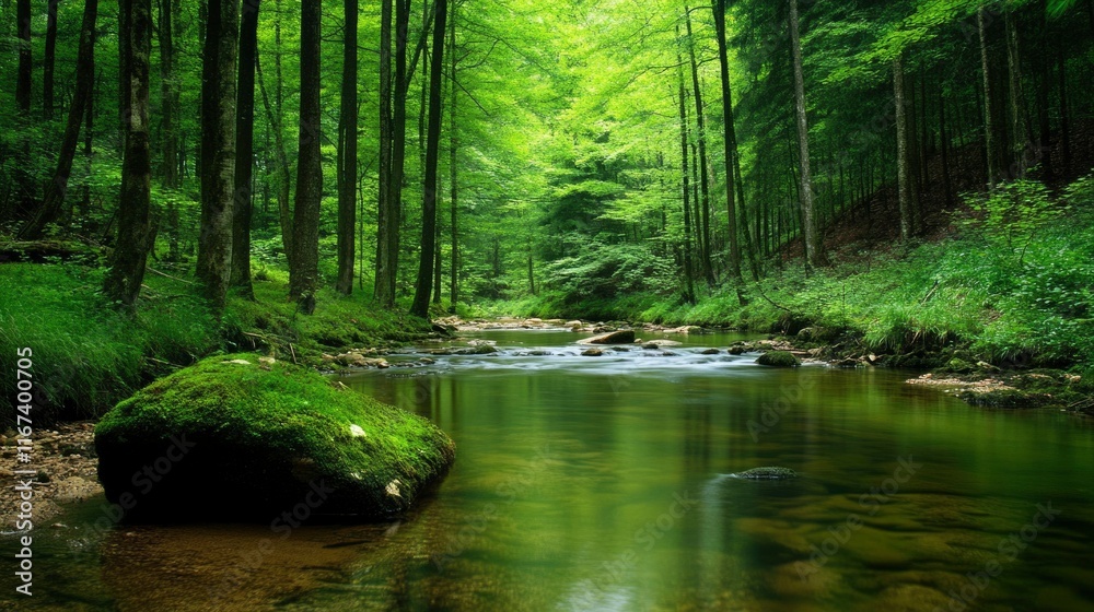 Serene forest stream flows gently through lush green trees Serene forest stream flows gently through lush green trees