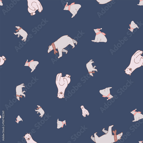 Blue Cute Polar Bear Seamless Pattern. Vector repeat pattern. Great for textiles, and designs for children.