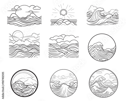 Ocean Wave vector illustration, outline, logo design