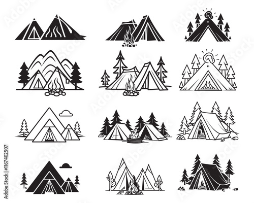 set of camping tent vector illustration, outline, silhouette