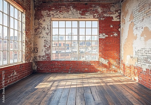 Wallpaper Mural A photograph of an empty room with red brick walls and wooden floors, with large windows overlooking the cityscape. Torontodigital.ca