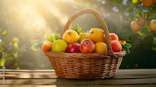 Obraz na płótnie Fresh Fruits in a Basket with Dramatic Lighting w salonie