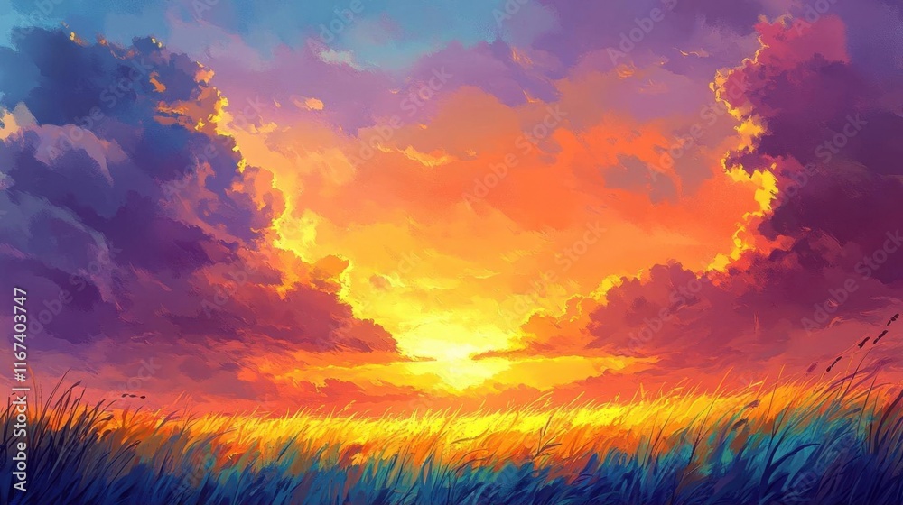 Fototapeta premium A vibrant sunset over a grassy landscape, showcasing nature's beauty.