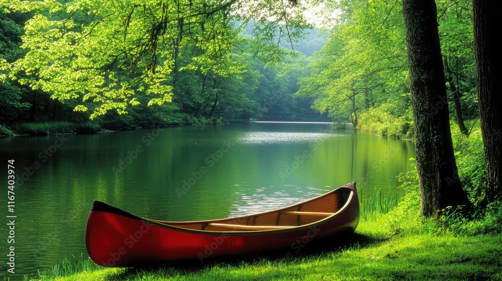Fototapeta premium Red Canoe Resting by Serene Green Riverbank